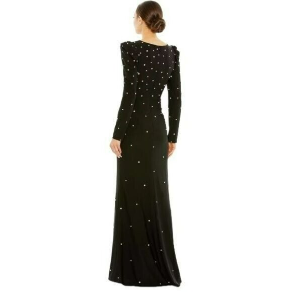 Mac Duggal $598 Black Long Sleeve Rhinestone Formal Jersey Maxi Gown Long Dress - Picture 3 of 11